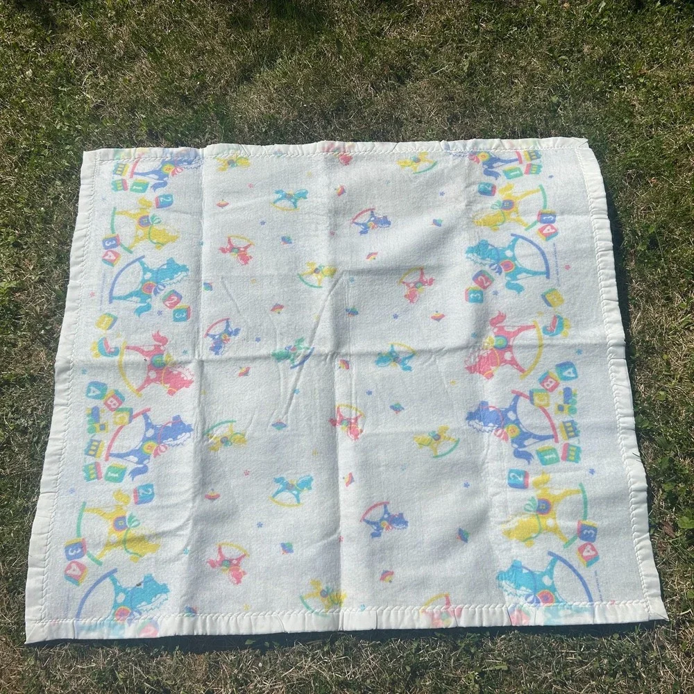 Vintage 1987 Baby Blanket Rocking Horse Soft Care Large Satin Trim White Pink
